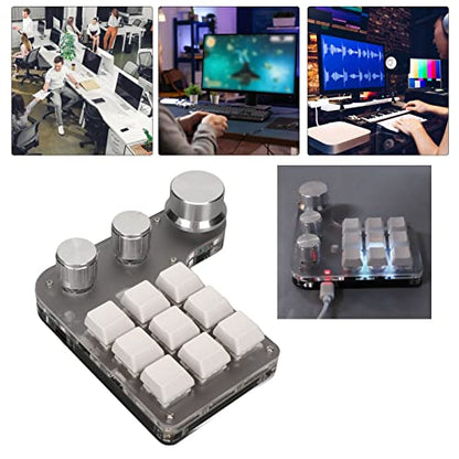 Yoidesu 9 Keys One Handed Mechanical Gaming Keyboard, Mini Keypad Programmable Macro Keyboard with 3 Knobs, USB Shortcut Multifunction Keyboard for PC Computer Gaming (White)