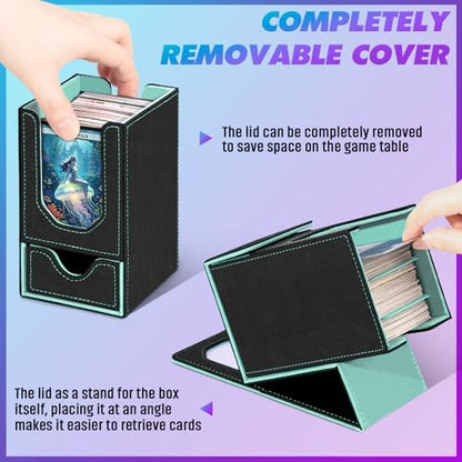 Card Deck Box for MTG Commander, Fits 100+ Double-Sleeved Cards Card Case | with Detachable Dice Tray, 2 Dividers, Removable lid, Trading Card Storage Box, Sturdy and Durable, Fits TCG/PTCG/Sports Card - color: Black and Cyan
