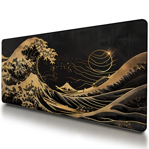 VNDL Large Japanese Black and Gold Gaming Mouse Pad, Sea Waves, Premium Non-Slip Anime Desk Pad for Office, Extended XL XXL Mouse Mat and Laptop Pad, Waterproof and Stiched Edges 31.5 x 15.7 in (wg2) - color: wg2