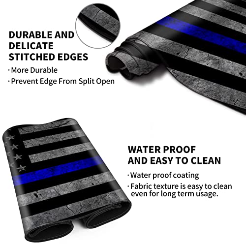 Large Gaming Mouse Pad, Thin Blue Line American Flag Design Keyboard Mat Desk Mousepad, Full Desk Extended XXL Mouse Pad 35.5" X 15.75" w/Stitched Edges Non-Slip for Office Home Gamer
