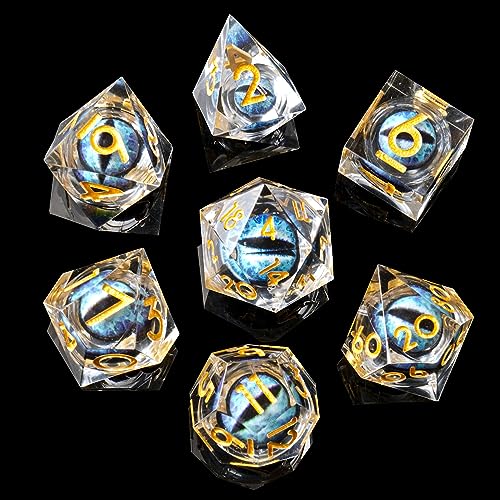 Beholder'S Eye DND Dice- Dragon Eye Liquid Core Sharp Edge Handmade Dice Set for Dungeons and Dragons Ttrpg, Multi-Sided RPG Polyhedral Resin Roleplaying（Purple Dark Dragon Eyes） - color: Dragon Eye-clear Blue