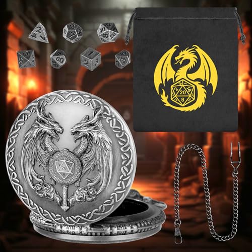 Mini DND Dice Set with Wand and Double Dragon Head Pocket Watch Shell Case, DND Starter Set, 7pcs Polyhedral Mini Metal Dice Set, D&D Gifts with Gift Bag, Role Playing Board Game Accessories, Silver - color: Dark Silver