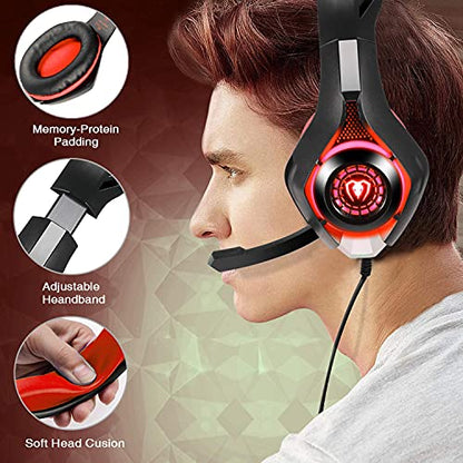 Stereo Gaming Headset for PlayStation 4 PS4, Over-Ear Headphones With Mic and LED Lights for Xbox One, PC, Laptop (Red)