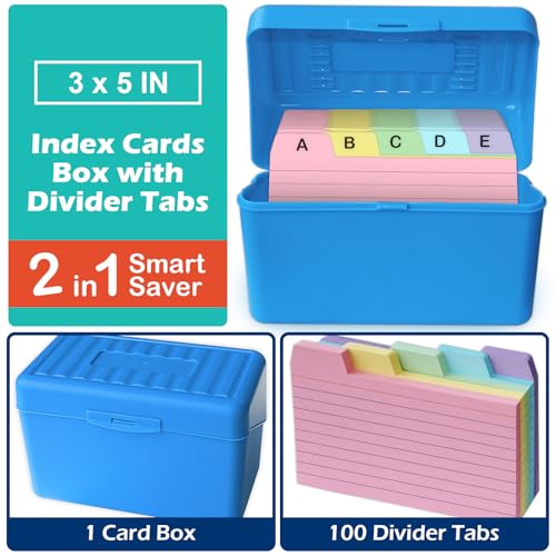 Olivo 3x5 Index Card Holder Box with 100 Cards Dividers Tabs 3"x 5", Blue - color: Blue
