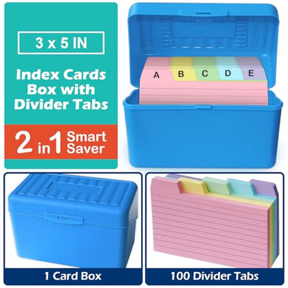 Olivo 3x5 Index Card Holder Box with 100 Cards Dividers Tabs 3"x 5", Blue - color: Blue