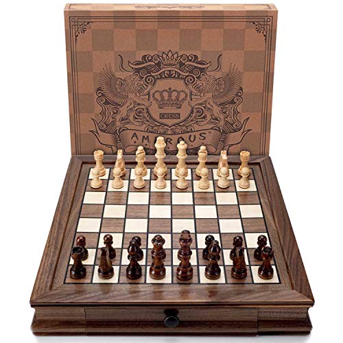 AMEROUS Magnetic Wooden Chess Set, 12.8" x 12.8" Walnut Chess Board Game with 2 Built-in Storage Drawers - 2 Bonus Extra Queens - Chess for Beginner, Kids and Adults, Gift Packaging