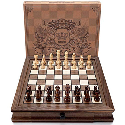 AMEROUS Magnetic Wooden Chess Set, 12.8" x 12.8" Walnut Chess Board Game with 2 Built-in Storage Drawers - 2 Bonus Extra Queens - Chess for Beginner, Kids and Adults, Gift Packaging