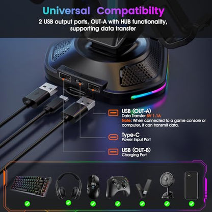 Luckit Gaming Headphones Stand, RGB Headset Stand with 12 Light Modes, Controller Holder with 2 USB Charging Ports - Supports Data Transfer, Earphone Hanger Accessories for Desktop Gamer