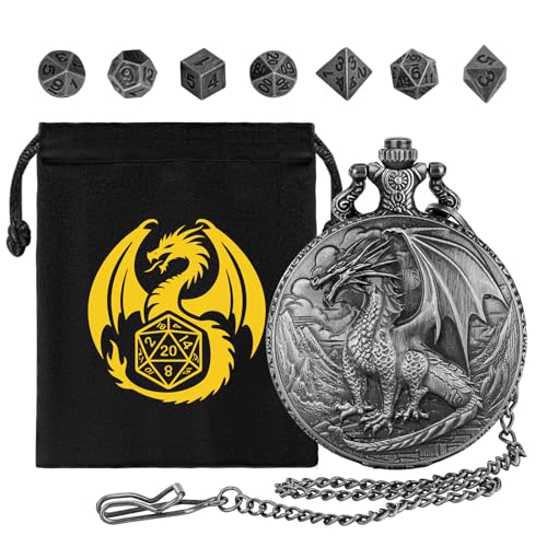 Mini DND Dice Set with Steampunk Dragon Pocket Watch Shell Case, 7pcs Polyhedral Metal DND Dice Set, DND Starter Set, D&D Gifts with Dragon Logo Gift Bag, Role Playing Board Games Accessories, Silver - color: Silver