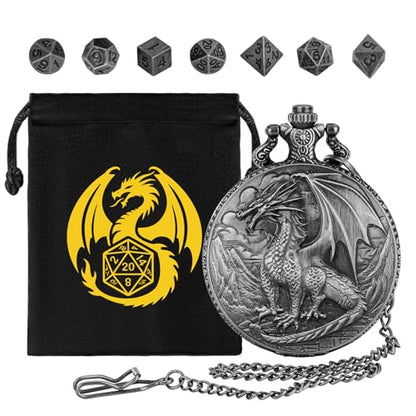 Mini DND Dice Set with Steampunk Dragon Pocket Watch Shell Case, 7pcs Polyhedral Metal DND Dice Set, DND Starter Set, D&D Gifts with Dragon Logo Gift Bag, Role Playing Board Games Accessories, Silver - color: Silver