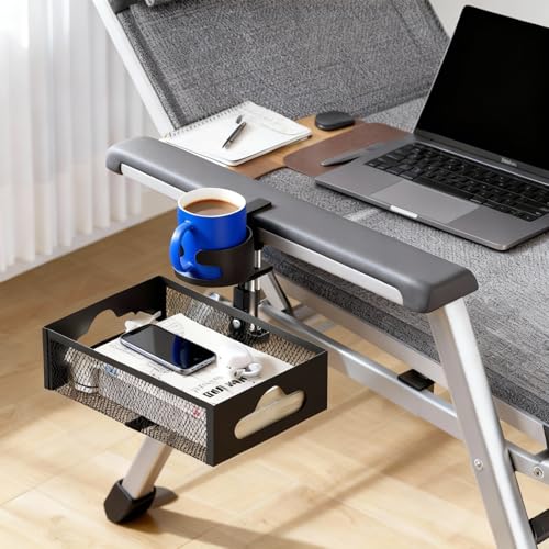 Clamp-On Under Desk Organizer with Cup Holder, 360° Rotating Mesh Drawer with Cable Hole, No-Drill Desk Drawer Organizer for Gaming Desk Accessories, Office Supplies, Coffee Mug, Dorm(2 in1)