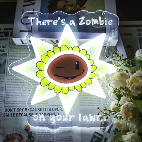 There's a Zombie on Your Lawn Neon Sign, Cute Sunflower LED Light Up Sign for Wall Decor, Cartoon Flower Game Fan Gifts for Kids Friends, Funny Night Light for Bedroom Game Room Display