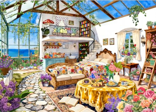 1000 Piece Jigsaw Puzzle for Adults - Cozy Sunroom by The Sea with Flowers Books - Large Premium Paper Puzzle for Relaxation Home Decor and Gift - 27.5" x 19.7" - color: Sea-view Room