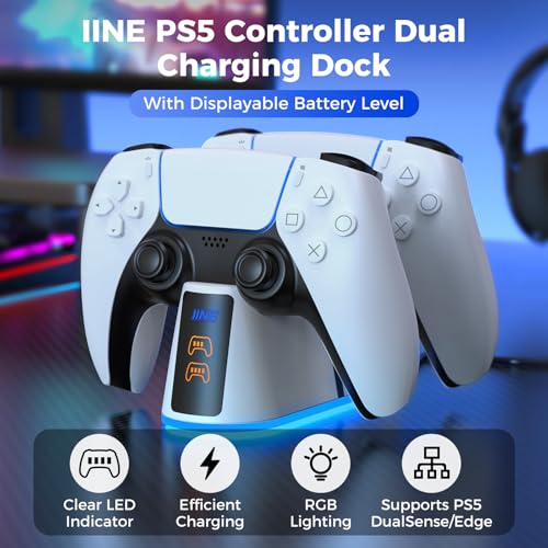 IINE Dual Charging Station for PS5 Controller, PS5 Charging Dock Stand with RGB Lights & LED Battery Indicators & Charging Cable