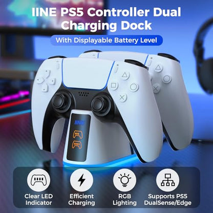 IINE Dual Charging Station for PS5 Controller, PS5 Charging Dock Stand with RGB Lights & LED Battery Indicators & Charging Cable