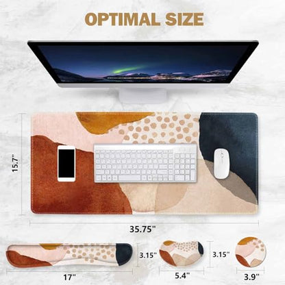 ToLuLu Extended Gaming Mouse Pad, Memory Foam Ergonomic Keyboard Mouse Wrist Rest Support Set, Large Desk Mat with Stitched Edges, Non-Slip Base Mousepad for Home Office and Game, Brown Boho Art - color: Brown Boho Art