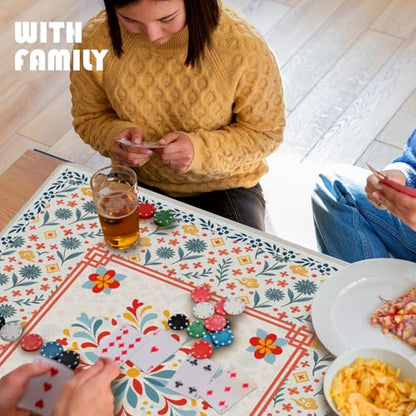 Blue and Red Floral Chinoiserie Mahjong Mat 31.5 x 31.5 in, Oriental Chinese Non-Slip Noise Reduction Gaming Mat for Table American Mahjong Poker Board Games Card Games Dominoes - color: Red & Blue Pattern Mahjong Mat