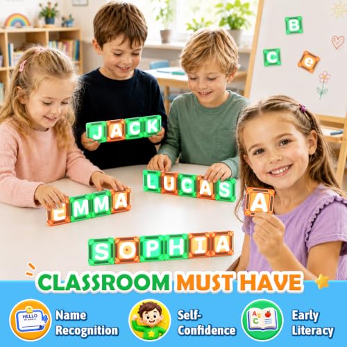 Magnetic Tiles Learn Letters Magnetic Building Blocks for Kids Ages 3-12 | Double-Sided Uppercase & Lowercase Magnetic Letter Preschool Learning Toys, Educational STEM Toys & Back to School Supplies - size: Magnetic Letters Set
