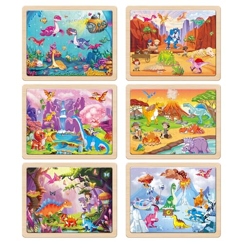 SYNARRY Wooden Dinosaur Puzzles for Kids Ages 4-6, 6 Packs 60 PCs Jigsaw Puzzles Educational Toys Gifts for Children Ages 4-8, Easter Basket Stuffers Gifts Toys for Kids