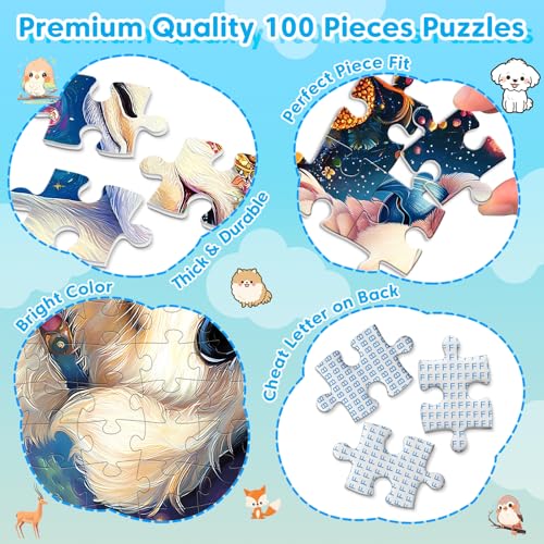4 Packs 100 Piece Puzzles for Kids Ages 4-6, Jigsaw Puzzles for Kids Ages 6-8 8-10 Adorable Animals Puzzles 100 Pieces for Senior Search and Find Learning Educational Toys for Boys and Girls - style: Puppy Parrot Fox