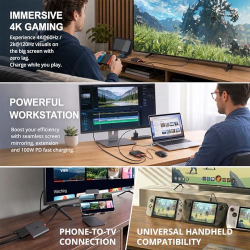 Switch 2 Dock for TV, Aluminum Alloy Shell HDMI 2.0 4K@60Hz HDR Docking Station for Nintendo Switch 2/OLED/Steam Deck/ROG Ally, USB C to HDMI Adapter with 100W PD 3.0 Fast Charging & USB3.0