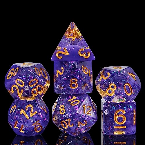 Purple DND Dice Set Foil Polyhedral Dice Set D&D for Tabletop Games | Leather Storage Bag, DM Gift, for Dungeons and Dragons Role Playing Games - color: Purple