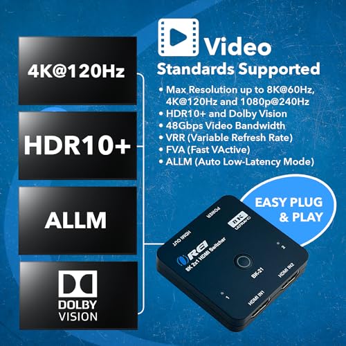 OREI 8K 2-Port HDMI 2.1 Switch, 8K@60Hz, 4K@120Hz, Auto and Manual Switch | hdmi switch 2 in 1 out, hdmi 2.1 switch 4k 120hz, 48Gbps, HDR10, Dolby Vision, PS5/Xbox, IR Remote - color: Jet Black
