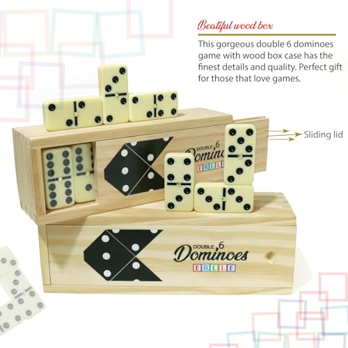 ERLLE - Dominoes Set, Premium Classic 28-Piece Double Six Domino Set with Wooden Case, Family & Kids Board Game, Mexican Train, Chicken Foot, and Classic Domino Games