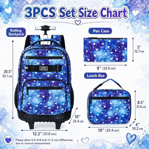 3Pcs Rolling Backpack for Girls Women, Travel Roller Backpacks with Wheels for Adults, Teens College Love Polka Dots Wheeled Bookbag with Lunch Box(Blue) - color: Blue