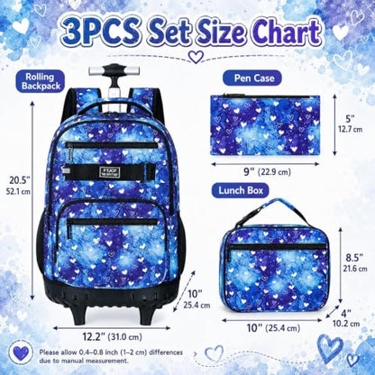3Pcs Rolling Backpack for Girls Women, Travel Roller Backpacks with Wheels for Adults, Teens College Love Polka Dots Wheeled Bookbag with Lunch Box(Blue) - color: Blue