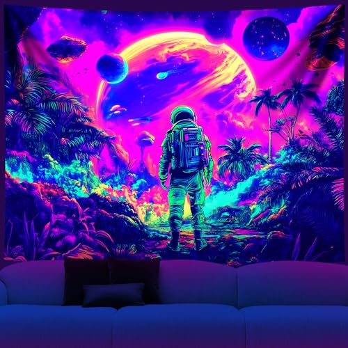 NYZE Tapestry Blacklight Space Astronaut MushroomTapestries Fantasy Forest Trippy Starry Sky Tapestry Cool Wall Hanging Neon Nature Plant Wall Hanging Decor for Bedroom 79X59 in - color: Astronaut E, size: 79"L x 59"W
