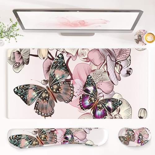 QIYI PU Leather Desk Mat Set, 4-in-1 Ergonomic Wrist Rest, Butterflies | Waterproof Large Mouse Pad 31.5×15.7 + Keyboard Wrist Rest + Mouse Wrist Support+Coaster, Non-Slip Office Gaming Accessories - color: Floral Butterflies