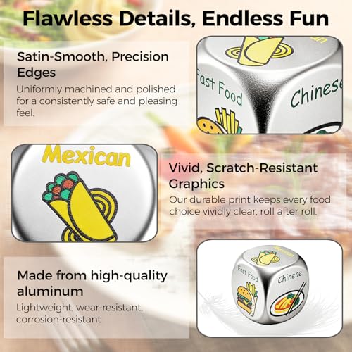 Food Dice - Aluminum Alloy Food Decision Dice and Coin Set, Colorful Date Night Food Decision Dice，Anniversary Birthday Wedding Funny Gifts