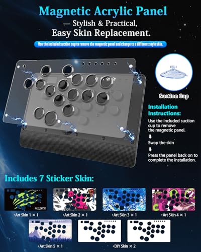 GM-16 Leverless Arcade Stick, Magnetic Detachable Panel, All-Button Fight Controller with 16 Keys, Tournament Lock with OLED, RGB, Turbo & Hot-Swappable for PS4/PS3/PC/Switch, Black