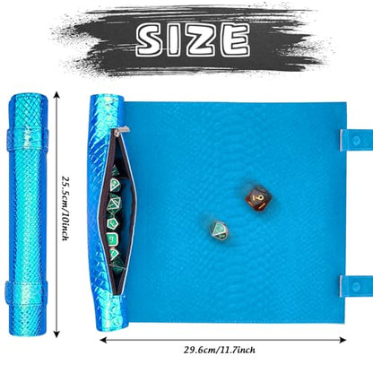 SIQUK 2 Pieces Magnetic Dice Mat Tray Rolling Mat with Zipper PU Leather Folding Scroll Dice Holder for D&D RPG Games (Light Blue, Lake Blue) - color: Light Blue, Lake Blue
