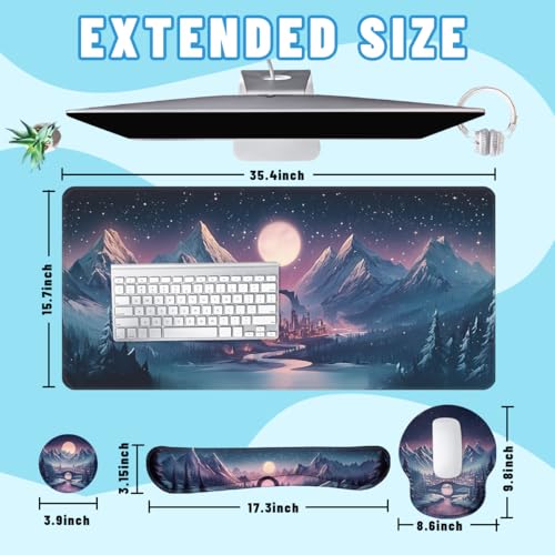 Fantasy City Desk Mat Set Night Moon Mountain Landscape Mouse Pad with Wrist Rest 4in1 Desk Mat for Desktop Ergonomic Keyboard Wrist Support Anti-Slip Computer Ergonomic Mouse Pad Home Office Gaming - color: Fantasy City