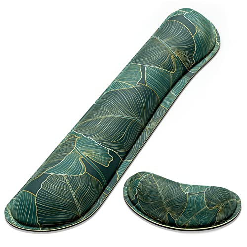 Dapesuom Enlarge Keyboard Wrist Rest, Memory Foam Wrist Cushion for Desk Mats Support, Cute Pain Relief Keyboard Mouse Pad Rests Set with Non-Slip Base for Gaming Laptop Office Computer, Green Leaf - color: Cute Green Leaf