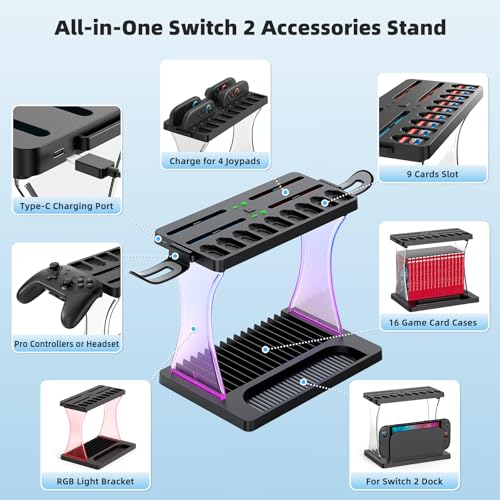 Auarte Switch 2 Accessories Organizer, Charging Dock | 5-In-1 Organizer Base, Holds Dock, 16 Game Card Case, 9 Game Cards Slot, Controller Holder