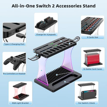 Auarte Switch 2 Accessories Organizer, Charging Dock | 5-In-1 Organizer Base, Holds Dock, 16 Game Card Case, 9 Game Cards Slot, Controller Holder