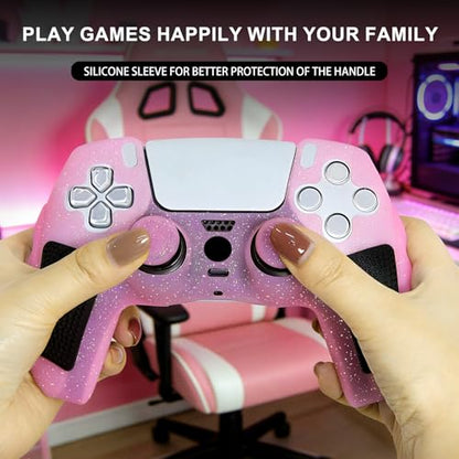 Pink Glitter Anti Slip Soft Thicked Studded Silicone Cover Skins Compatible with PS5 Controller,Include 8 PCS Pink Thumb Grips Glow and 2 Cat Paw Grips Accessories. - color: Pink Black