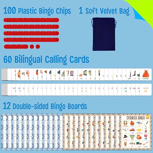 SpriteGru Spanish Bingo Game, 12 Vocabulary Bingo Board Game Bilingual Word Learning Educational Toys for Words Learning - Ages 5 and up (Up to 12 Players) - style: Spanish Bingo Game