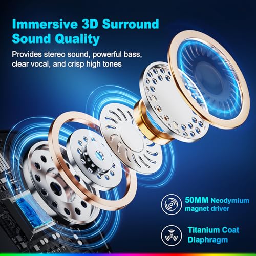 Fachixy Wireless Gaming Headset with Microphone for PC, PS5, PS4, Bluetooth Gaming Headphones - Fast Charge 50Hr Battery, Cool LED Lights for Switch, Laptop, Mobile, Mac 2.4GHz Gamer Headset