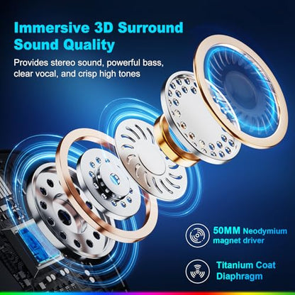 Fachixy Wireless Gaming Headset with Microphone for PC, PS5, PS4, Bluetooth Gaming Headphones - Fast Charge 50Hr Battery, Cool LED Lights for Switch, Laptop, Mobile, Mac 2.4GHz Gamer Headset