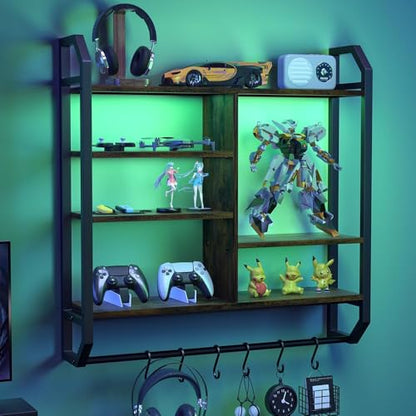 34" 6-Tier Adjustable Gaming Shelf, Wall Mount Floating Console Storage with LED Lights, Hanging Rod and 6 S-Hooks for PS5 Xbox Bedroom Display, Black