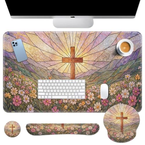 Britimes Cross Religious Wildflower Keyboard Mouse Pad Set Colorful Floral 4in1 Large Mousepad+Keyboard Wrist Rest+Mouse Wrist Rest+Coaster Ergonomic Design for Home Office Computer 35.4x15.7 inches - color: Cross Colorful Wildflower