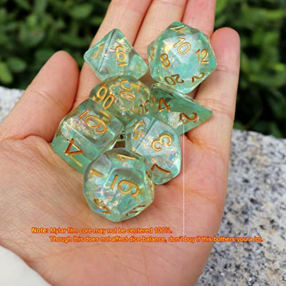 Haxtec Light Green DND Dice Set, 7-Piece Resin Polyhedral RPG Dice | Iridescent Standard Dice with Velvet Bag, Sparkly Fairy, Rounded Edge, Compatible with Dungeons and Dragons, MTG Gifts - color: Light Blue Green