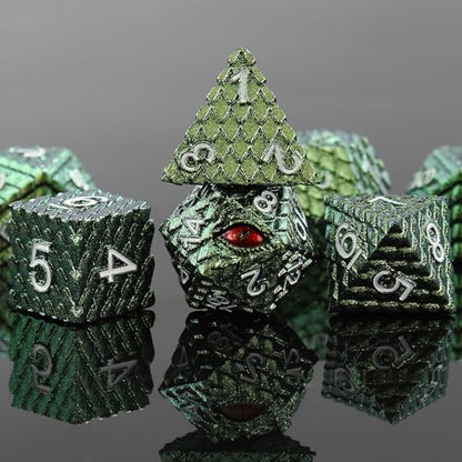 7pcs Dragon Scale Dice Set,Dragon Eye Metal Dice with Gift Metal Box for TTRPG Tabletop Gaming,Dungeon Masters,RPG Adventures(Grass Green & Red Eye) - color: Grass Green & Red Eye