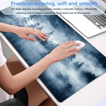 Misty Forest Desk Mat, Pine Tree Large Gaming Mouse Pad 31.5x15.7 in | Calming foggy forest nature desk pad with soft 3mm cushion, smooth fabric top, and non-slip natural rubber base. - color: Misty Forest