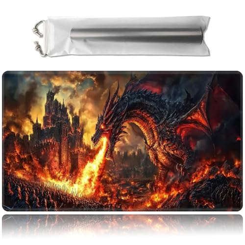 for MTG Game Playmat with Storage Bags,Game Mat 24 x 14 inches,TCG and Board Game Mat for Cards,Mousepad Desk Mats-Dragon Spewed Fire at The Castle - color: Dragon Spewed Fire at the Castle, size: No With Zones