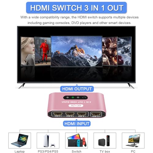 HDMI Switch 3 in 1 Out, 4K@60Hz HDMI Splitter with Remote Control, 3 Ports HDMI Switcher, Perfect for Full HD 4K 1080P 3D Video Roku Fire TV Blu-ray Players Stick Apple PS4/PS5 Xbox Chromecast (Pink) - color: Pink